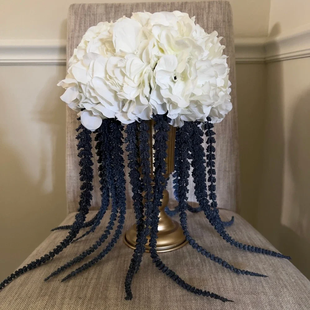 White Hydrangea and Blue Cascading Floral Centerpiece Arrangement in‎ Gold Urn